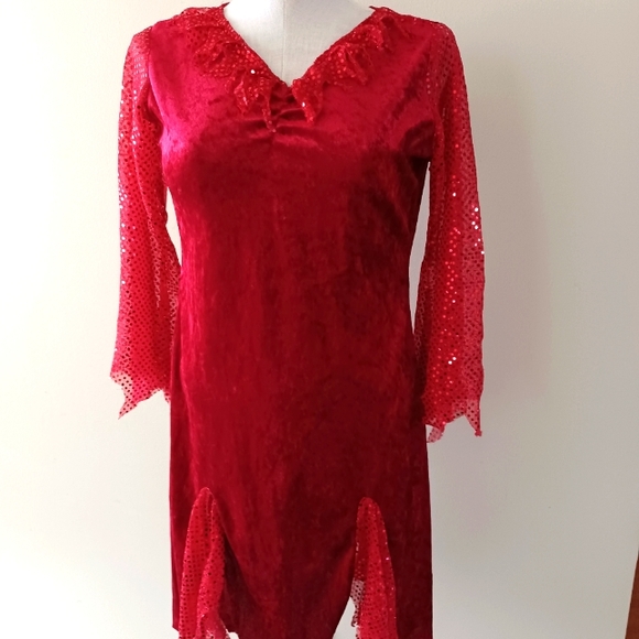 Red Velvet & Sequin Coctail Vintage Style Costume Dress Junior XL - Picture 2 of 6